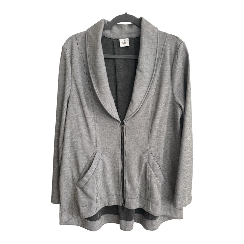 CAbi Gray Striped Drop Off Zip Jacket High/Low Fitted Stretch Size L